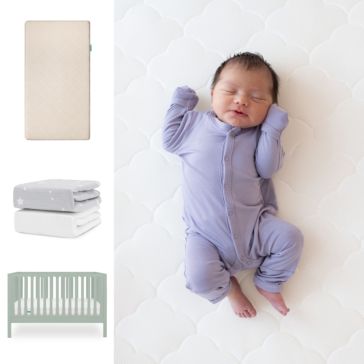 A baby sleeps in a lavender onesie on the Newton Baby Galileo Crib with the Original Crib Mattress & Sheets. Nearby are images of the beige mattress, organic cotton starry sheets, and the light green 3-in-1 convertible crib. 111-8420-SGE-1000-SAN-SGW
