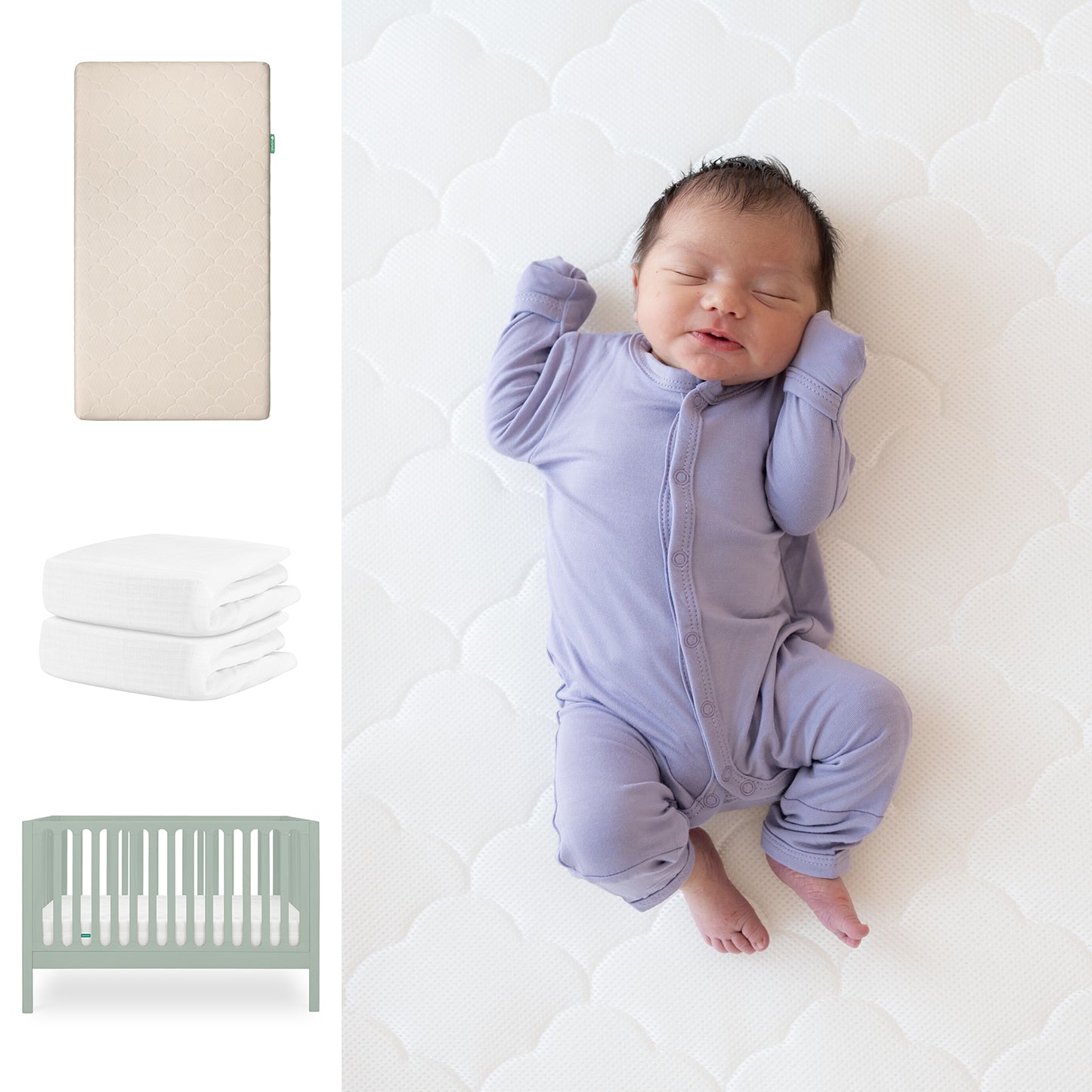 A newborn in a lavender onesie rests on a white Newton Baby Original Crib Mattress. Beside the baby are the Galileo Crib in light green, beige mattress, and two folded Newton Baby organic cotton sheets. 111-8420-SGE-1000-SAN-WNW
