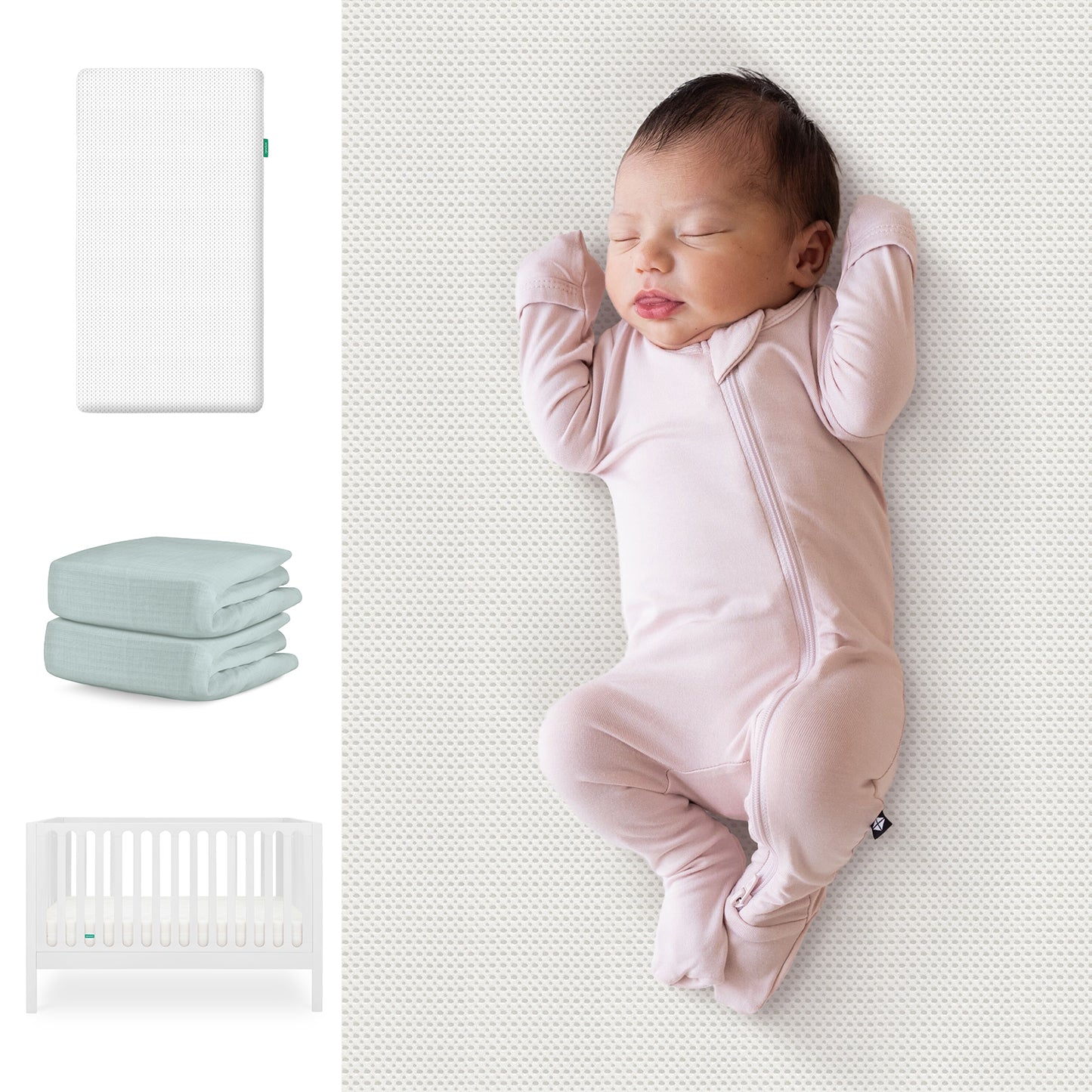 A sleeping baby in pale pink lies on a light-patterned surface. To the left are images of the Newton Baby Galileo Crib, Essential Crib Mattress, and Sheets Bundle displayed vertically. 111-8420-SGE-1300-WHT-SNS