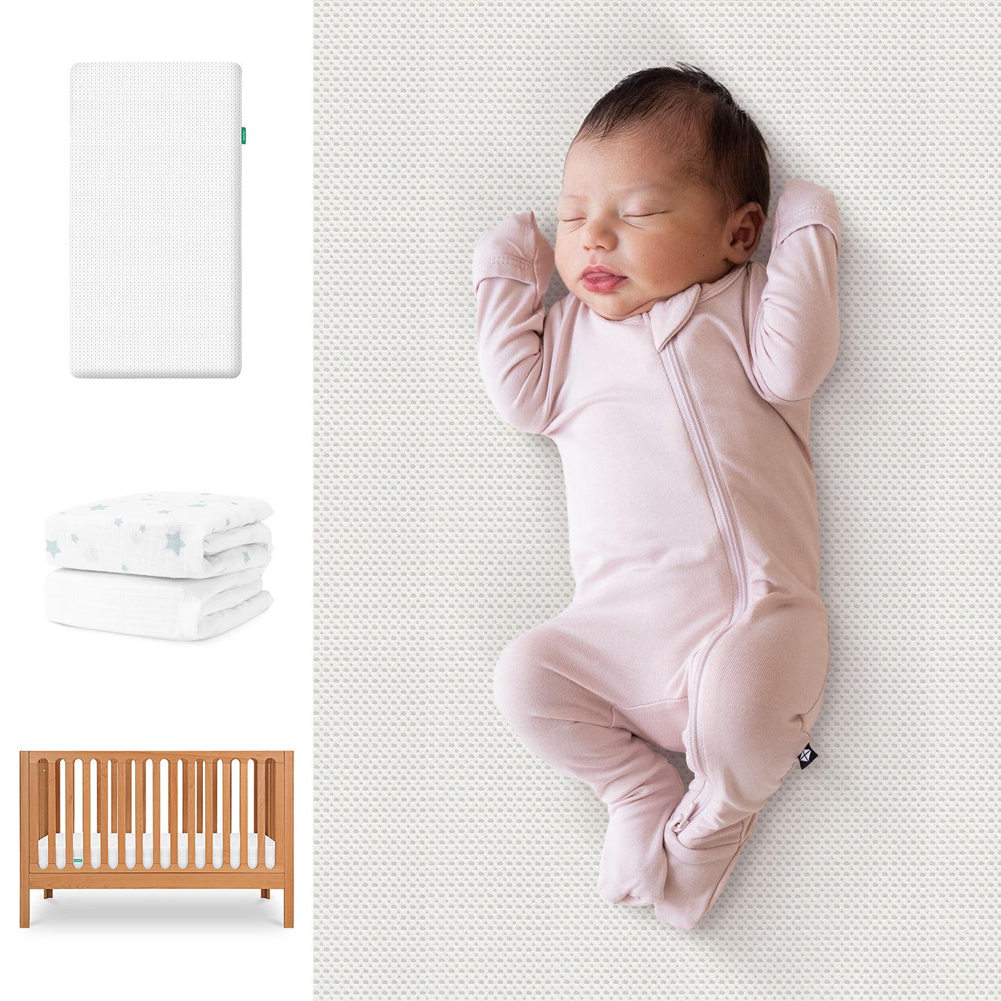 A baby in a pink onesie sleeps on the Newton Baby Galileo Crib, Essential Crib Mattress & Sheets Bundle, which includes a white crib mattress, star-patterned sheets, and the wooden Galileo Crib. 111-8420-CST-1300-WHT- SDW