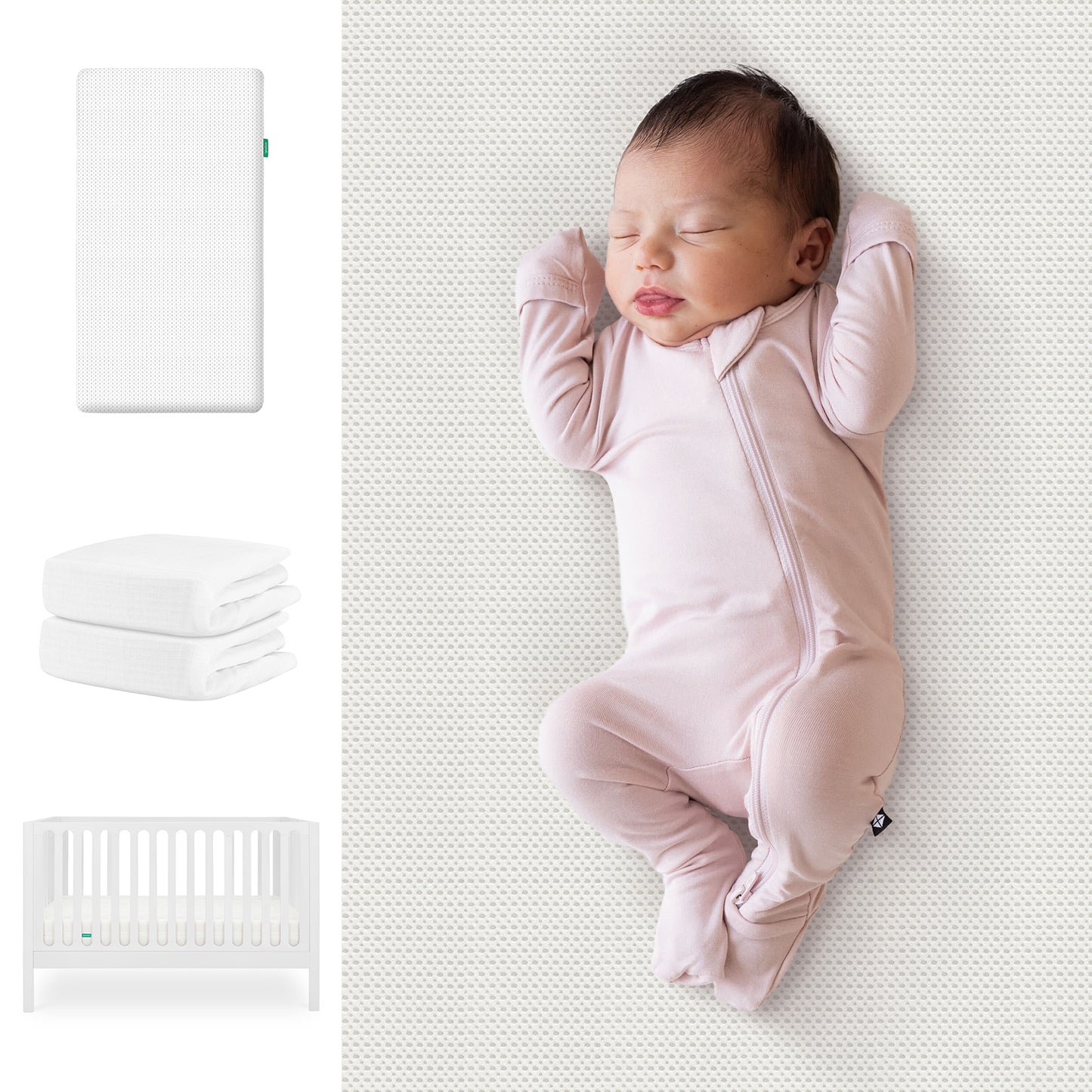 A baby sleeps in a pink onesie on a patterned mattress. To the left are Newton Baby's Galileo Crib, Essential Crib Mattress, and Sheets Bundle. The crib is white with vertical slats; the set also includes folded white sheets. 111-8420-WHT-1300-WHT-WNW