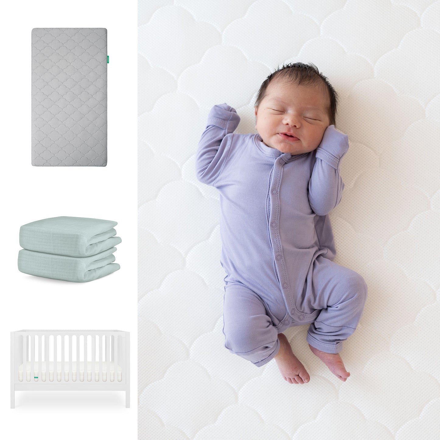 A newborn in a lavender onesie sleeps on the Newton Baby Original Crib Mattress. Nearby are images of the Galileo Crib, two folded Breathable Organic Cotton Sheets, and a white crib—all part of the Newton Baby Galileo Crib, Mattress & Sheets set. 111-8420-WHT-1000-GRY-SNS
