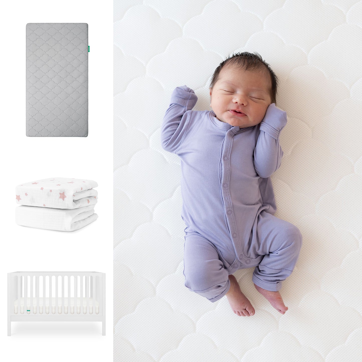 A baby in a purple onesie sleeps on a Newton Baby Original Crib Mattress. Nearby are the Galileo Crib, gray quilted sheets, and a pink star blanket—all from the Newton Baby Galileo Crib, Original Crib Mattress & Sheets collection. 111-8420-WHT-1000-GRY-PSW
