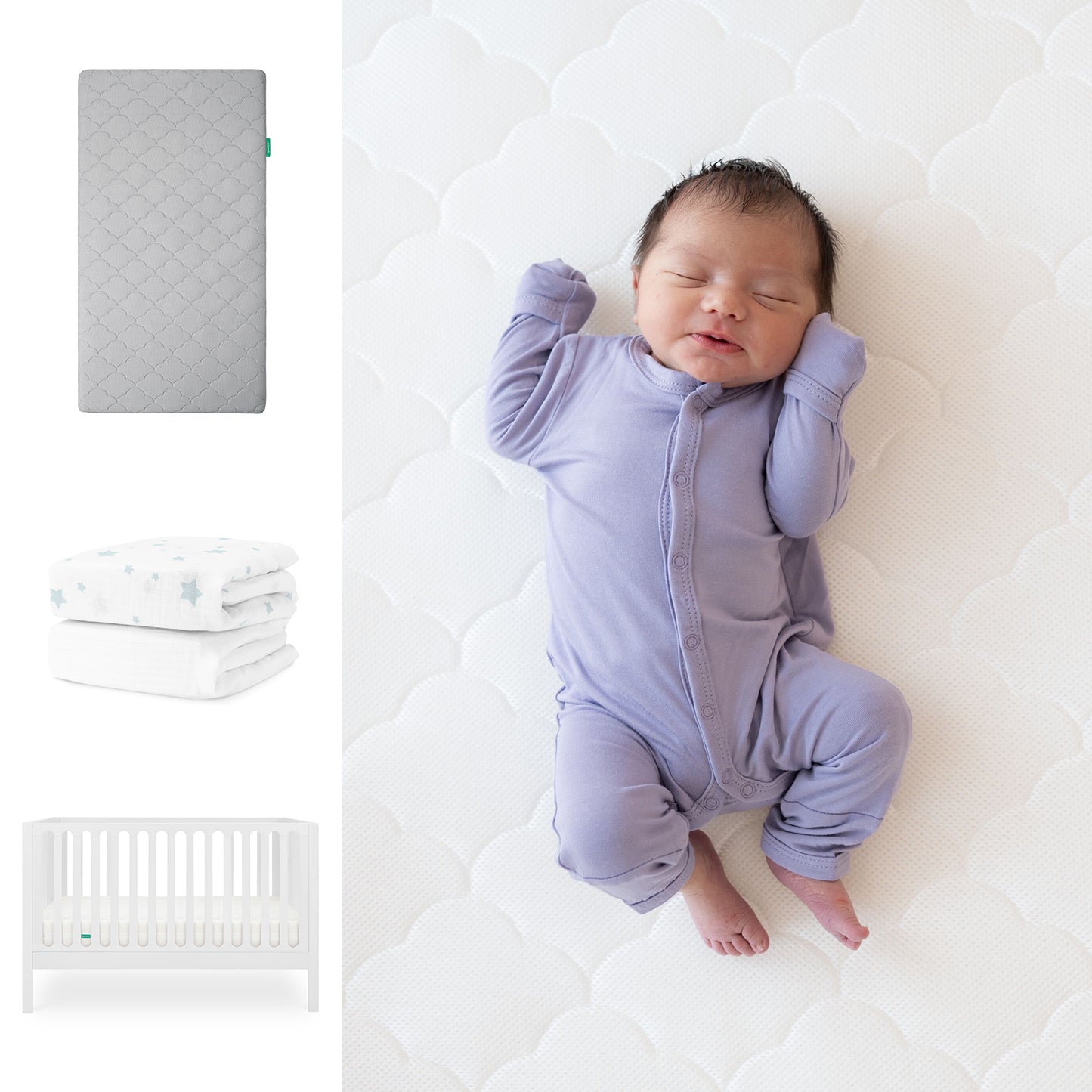 A newborn in a lavender onesie sleeps soundly on the Newton Baby Galileo Crib with the Original Crib Mattress and Breathable Organic Cotton Sheet. To the left, see a gray mattress, starry white blanket, and 3-in-1 convertible crib by Newton Baby. 111-8420-WHT-1000-GRY-SDW
