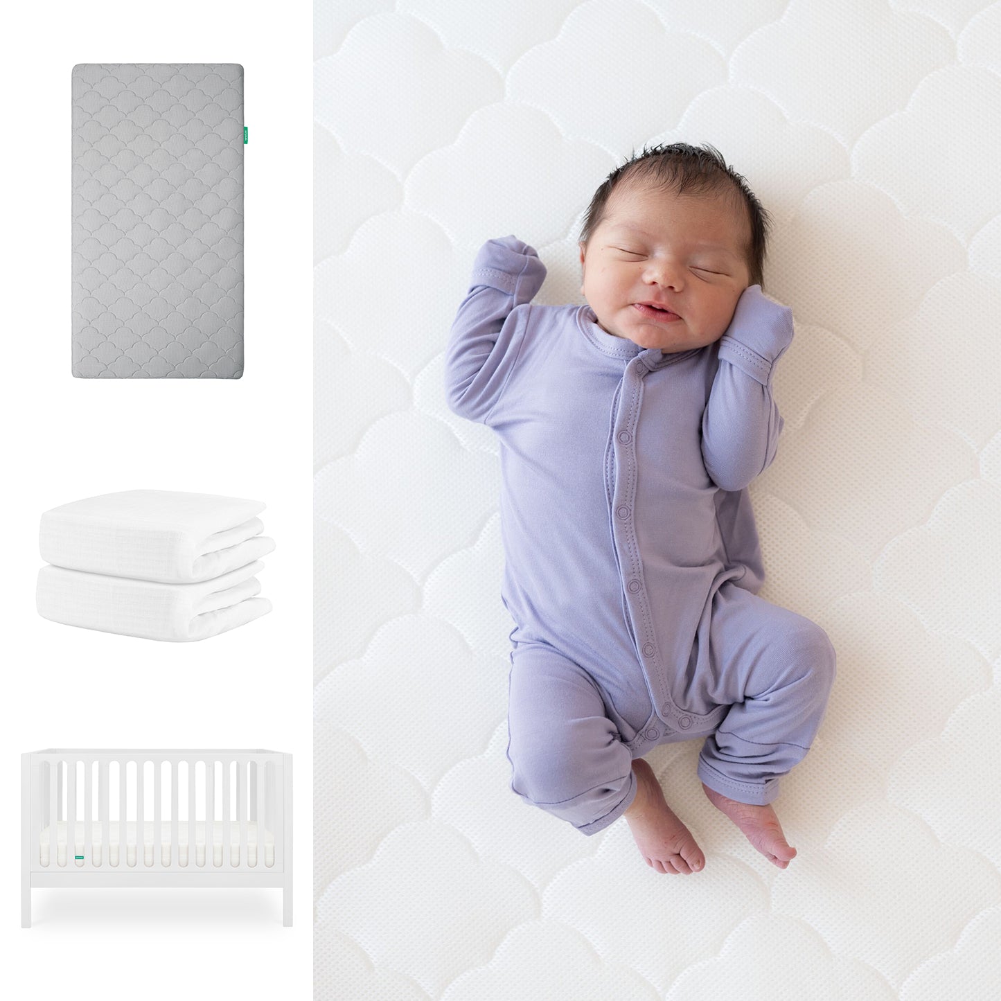 A newborn in a lavender onesie sleeps on a white, scalloped-pattern Newton Baby Original Crib Mattress. On the left: a gray mattress, two folded Breathable Organic Cotton Sheets, and the Galileo Crib—all from Newton Baby’s Galileo Crib, Mattress & Sheets set. 111-8420-WHT-1000-GRY-WNW
