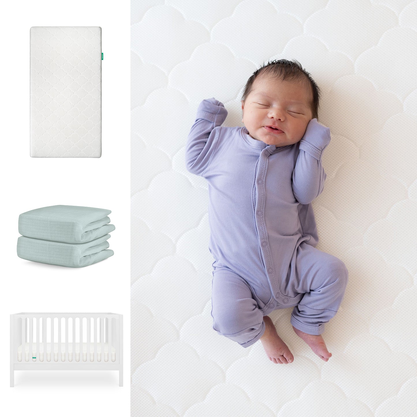 A newborn in a lavender onesie sleeps on the Newton Baby Galileo Crib with the Original Crib Mattress. Nearby are folded organic cotton sheets and a white convertible crib, all by Newton Baby. 111-8420-WHT-1000-WHT-SNS
