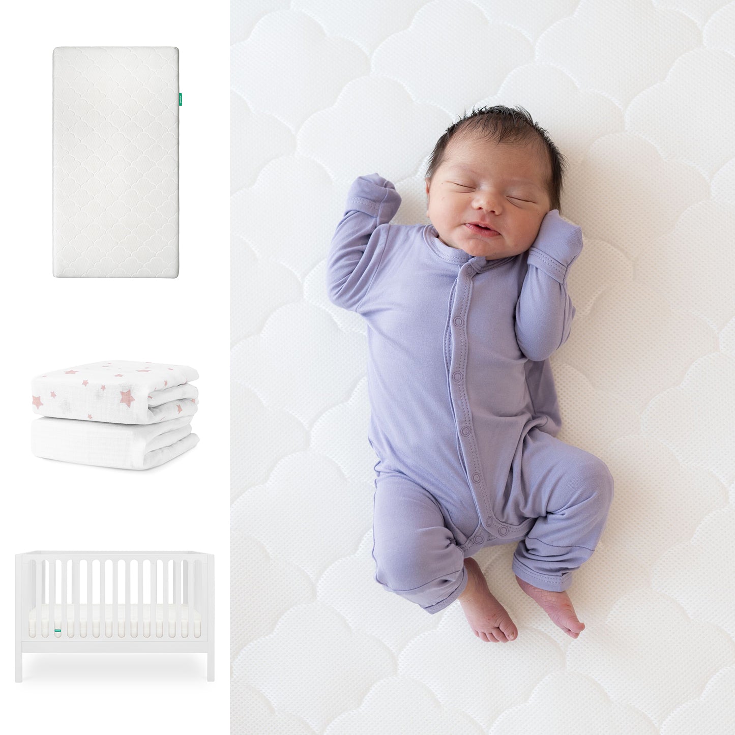 A newborn in a lavender onesie rests on the Newton Baby Galileo Crib with the Original Crib Mattress and organic cotton sheet. To the left, images of the mattress, starry folded blanket, and convertible crib are shown vertically. 111-8420-WHT-1000-WHT-PSW
