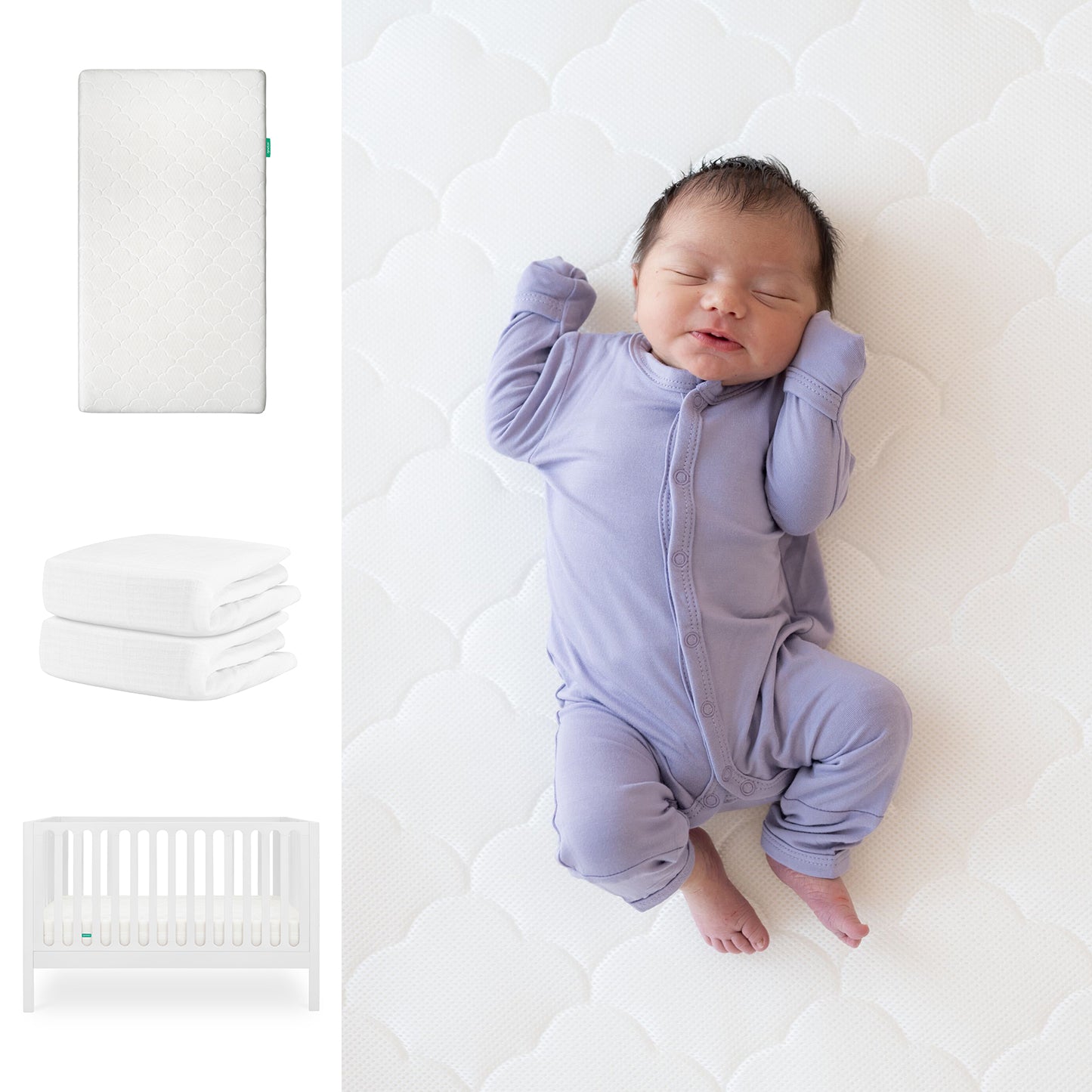 A baby sleeps in a lavender onesie on the Newton Baby Galileo Crib with the Original Crib Mattress & Sheets. To the left are images of the convertible crib, two organic cotton sheets, and a white barred crib. 111-8420-WHT-1000-WHT-WNW
