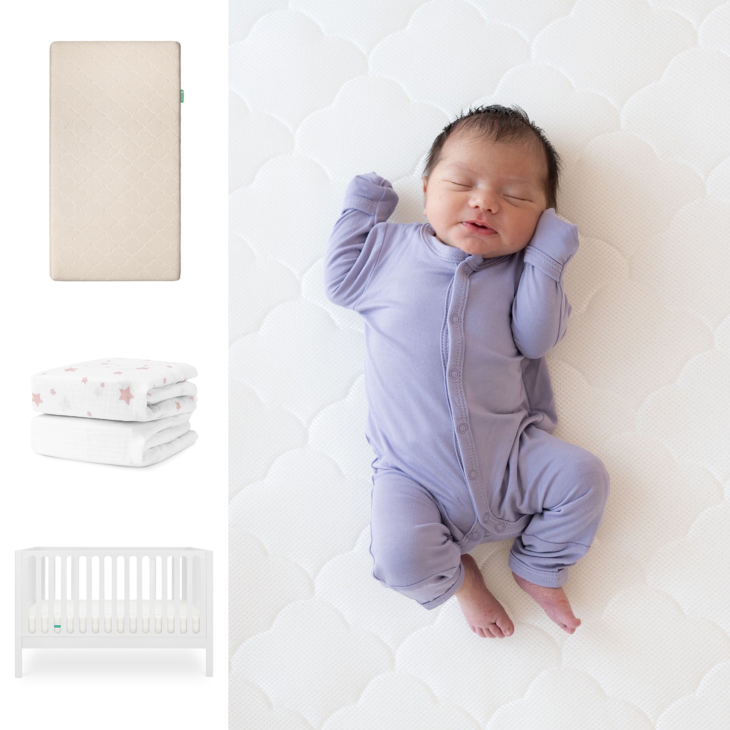 A baby sleeps on the Newton Baby Galileo Crib with the Original Crib Mattress and Sheets. To the left are images of the convertible crib, two folded patterned blankets, and an organic cotton sheet. 111-8420-WHT-1000-SAN-PSW
