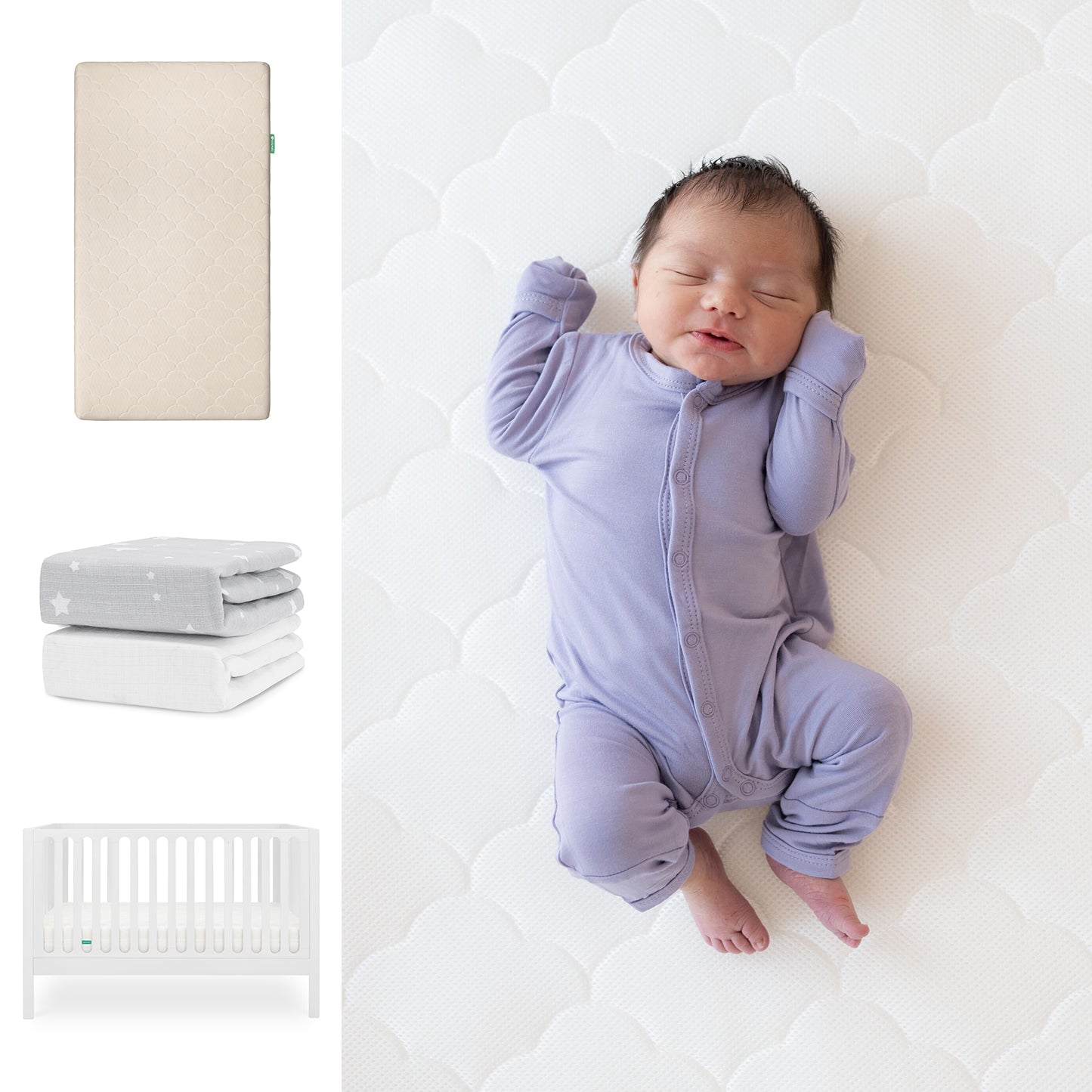 A baby in a lavender onesie sleeps on the Newton Baby Galileo Crib with the Original Crib Mattress and Sheets. To the left are images of a beige convertible mattress, two folded gray and white blankets, and the Galileo Convertible Crib. 111-8420-WHT-1000-SAN-SGW
