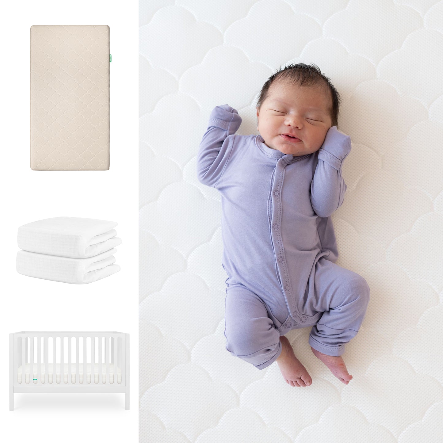 A baby in a lavender onesie lies on a textured white Newton Baby Original Crib Mattress. To the left are images of the beige Galileo Crib and two white Breathable Organic Cotton Sheets from Newton Baby. 111-8420-WHT-1000-SAN-WNW
