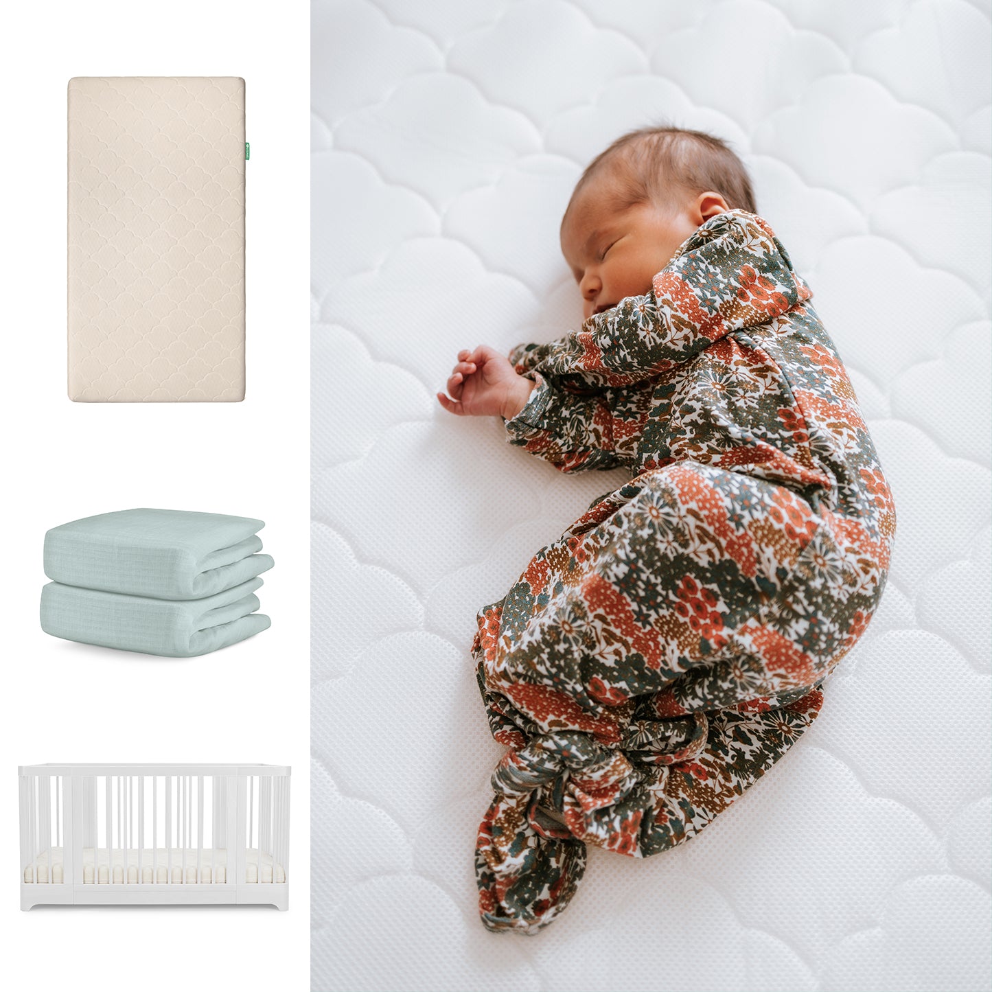 A baby sleeps in a floral swaddle on the Newton Baby Nest Convertible Crib with Original Mattress & Sheets. On the left are images of the crib, pale blue sheets, and a breathable organic cotton sheet shown vertically. 111-8420-WHT-1000-SAN-SNS
