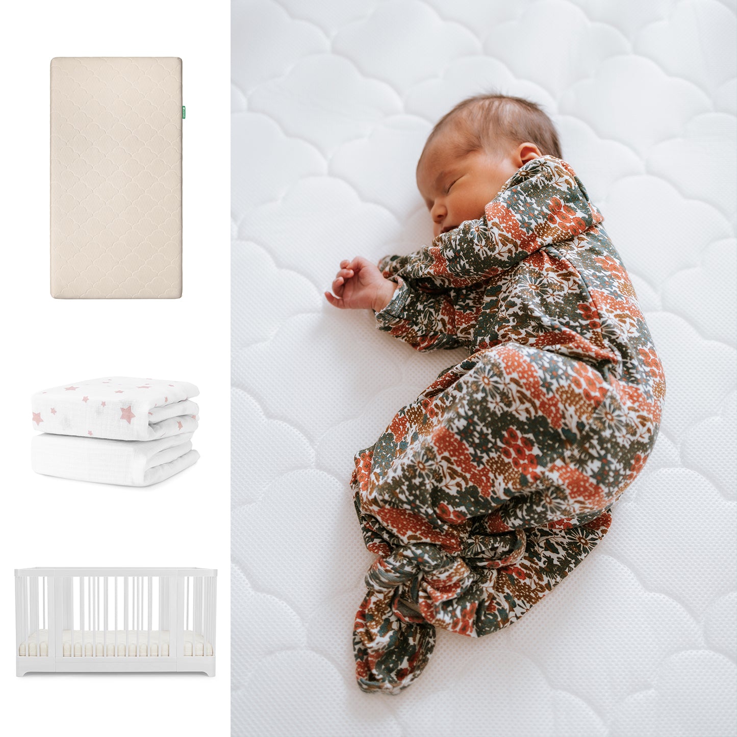 A baby in a floral swaddle lies on a white Newton Baby Nest Convertible Crib with the Original Mattress and breathable organic cotton sheets. Nearby are folded star-printed blankets, showcasing the Newton Baby set. 111-8420-WHT-1000-SAN-PSW