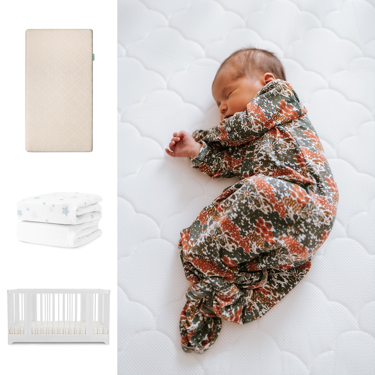 A newborn sleeps on Newton Baby’s Nest Convertible Crib with the Original Mattress and breathable organic cotton sheets; nearby, a floral knotted gown and a folded star-patterned blanket are also shown. 111-8420-WHT-1000-SAN-SDW
