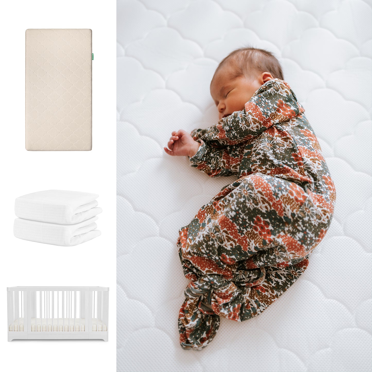 A baby sleeps in a floral onesie on Newton Baby's Nest Convertible Crib with the Original Mattress and breathable organic cotton sheets. On the left are images of the crib, mattress, and folded white sheets. 111-8420-WHT-1000-SAN-WNW