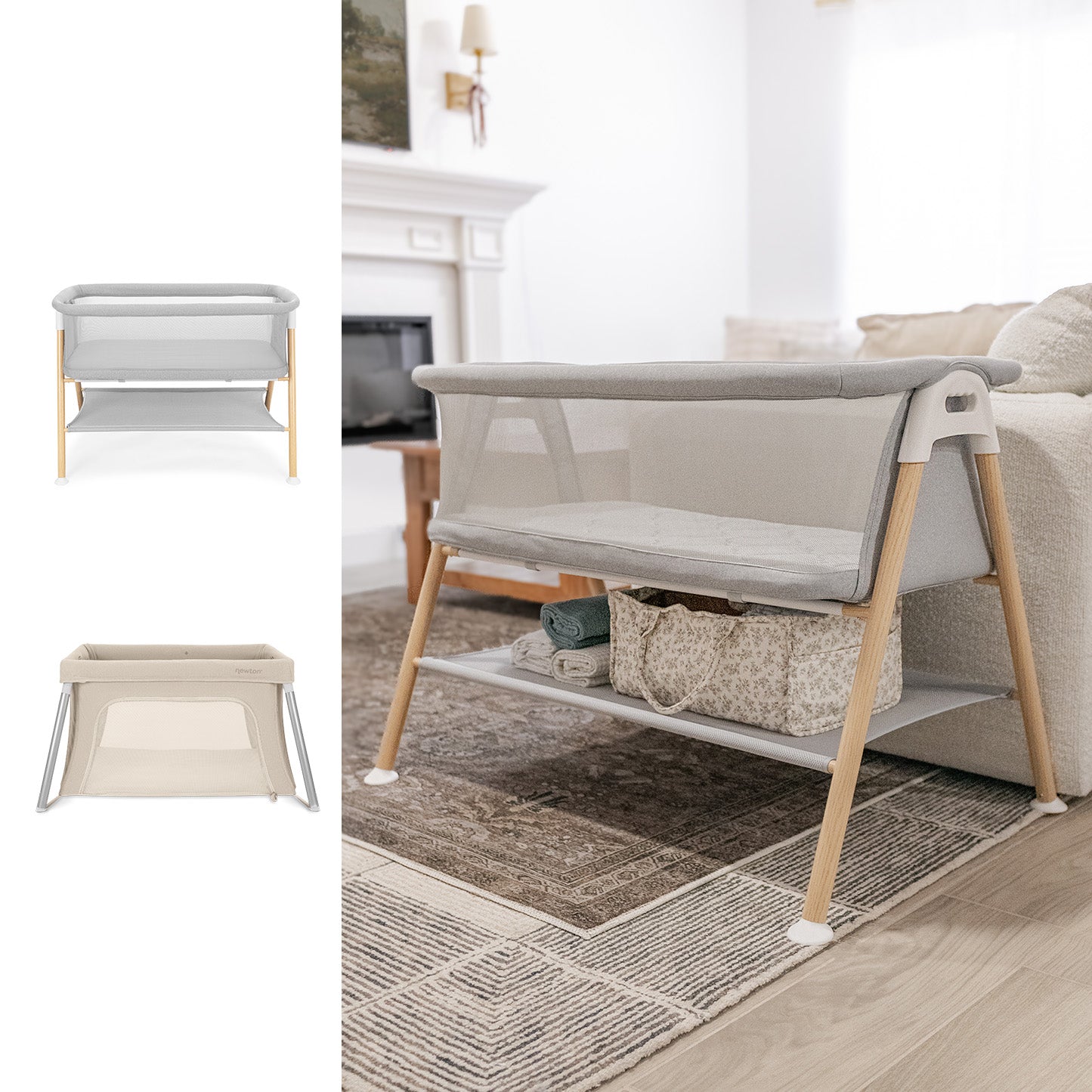 The Newton Baby Essential Bassinet + Compact Travel Crib, featuring mesh sides, a breathable mattress, light wood legs, and handy under-bassinet storage, is displayed in two colors beside a beige sofa in a bright living room.