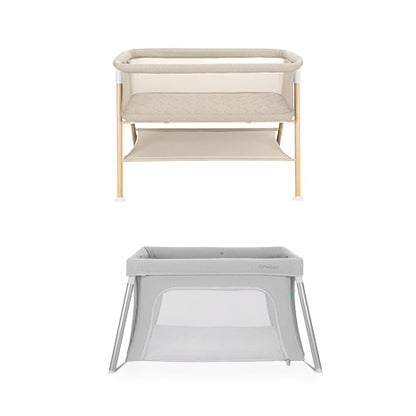 The Newton Baby Essential Bassinet + Compact Travel Crib feature minimalist designs: the beige Essential Bassinet has a wooden frame and storage shelf, while the gray Compact Travel Crib offers mesh sides and a breathable mattress for comfort.