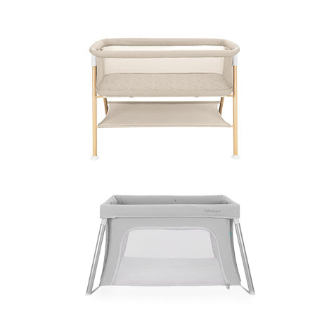 The Newton Baby Essential Bassinet + Compact Travel Crib feature minimalist designs: the beige Essential Bassinet has a wooden frame and storage shelf, while the gray Compact Travel Crib offers mesh sides and a breathable mattress for comfort.