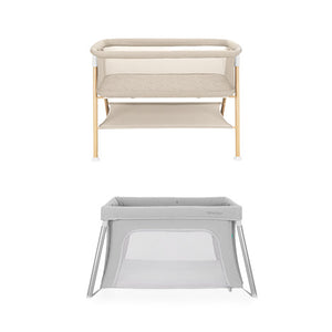 The Newton Baby Essential Bassinet + Compact Travel Crib feature minimalist designs: the beige Essential Bassinet has a wooden frame and storage shelf, while the gray Compact Travel Crib offers mesh sides and a breathable mattress for comfort.