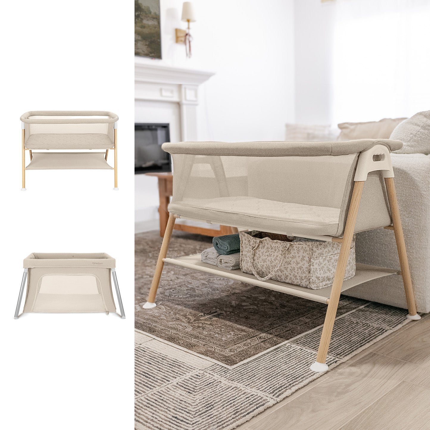 The Newton Baby Essential Bassinet + Compact Travel Crib, featuring mesh sides and wooden legs, is pictured in a cozy living room, with two side images showing different views of this compact crib on a white background.