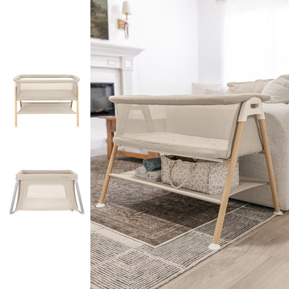 The Newton Baby Essential Bassinet + Compact Travel Crib, featuring mesh sides and wooden legs, is pictured in a cozy living room, with two side images showing different views of this compact crib on a white background.