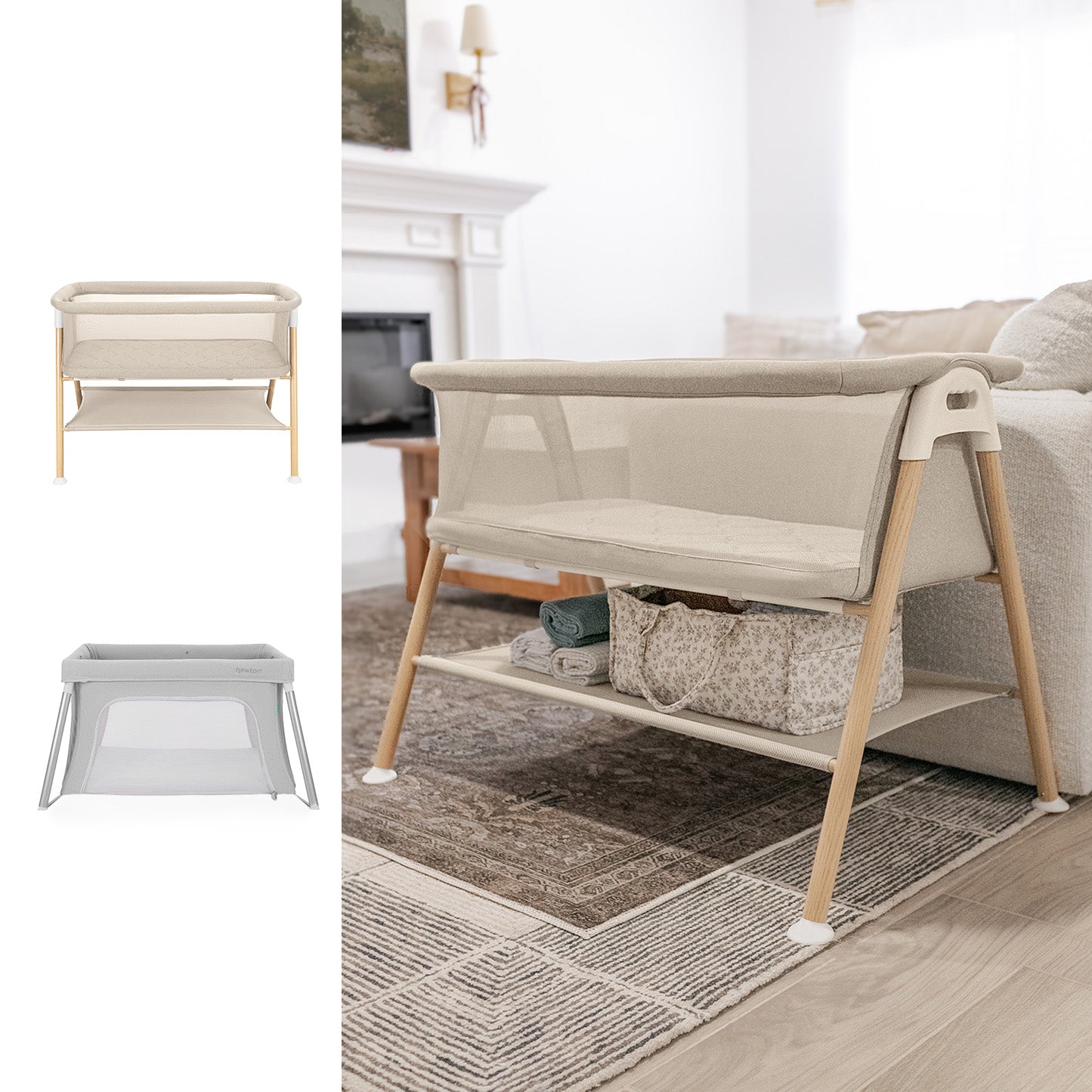 Three modern baby bassinets are shown: two standalone (beige and gray) and one Newton Baby Essential Bassinet + Compact Travel Crib in a cozy living room with soft lighting, rug, couch, and a breathable mattress for comfort.