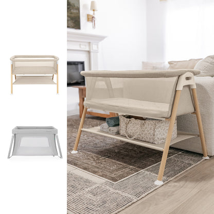 Three modern baby bassinets are shown: two standalone (beige and gray) and one Newton Baby Essential Bassinet + Compact Travel Crib in a cozy living room with soft lighting, rug, couch, and a breathable mattress for comfort.