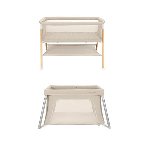 Two beige Newton Baby bassinets: the Essential Bassinet (wooden legs, fabric shelf) and the Compact Travel Crib (metal legs, mesh sides, breathable mattress)—both ideal for modern nurseries.