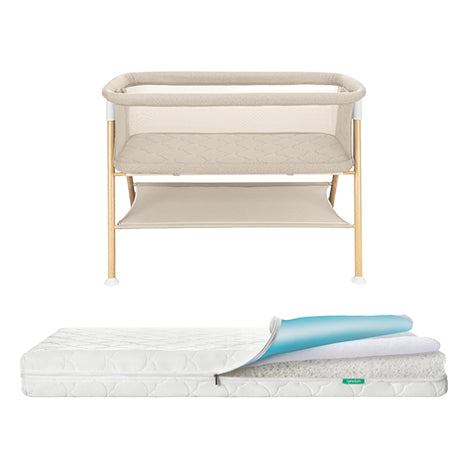 The Newton Baby Essential Bassinet + Waterproof Mattress is shown, featuring wooden legs, a storage shelf, and a partially revealed breathable, waterproof crib mattress.