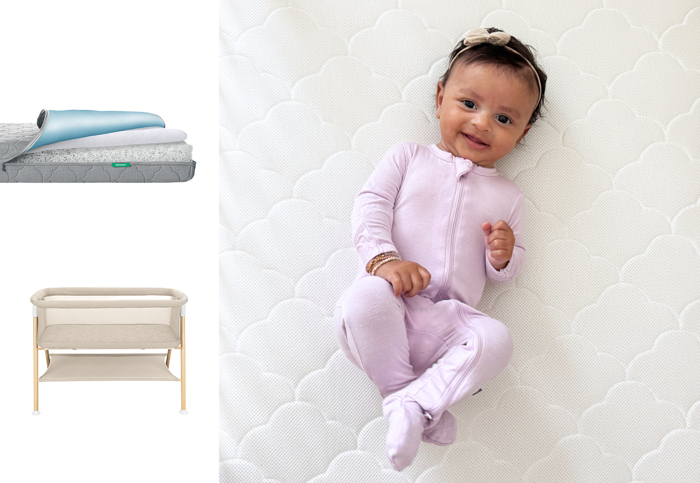 A smiling baby in a light purple onesie lies on a white, breathable Newton Baby Essential Bassinet + Waterproof Mattress with wooden legs. Folded bedding is shown nearby, all perfectly complementing any nursery.