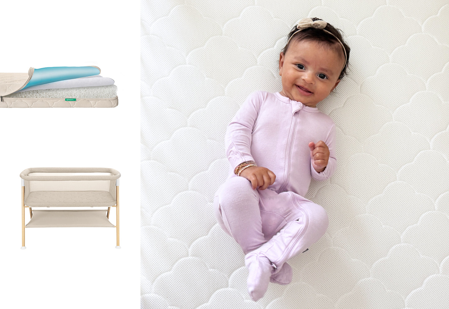 A smiling baby in a light purple onesie lies on a white Newton Baby Essential Bassinet + Waterproof Mattress. Images to the left show the breathable mattress topper and the bassinet with stylish wooden legs.