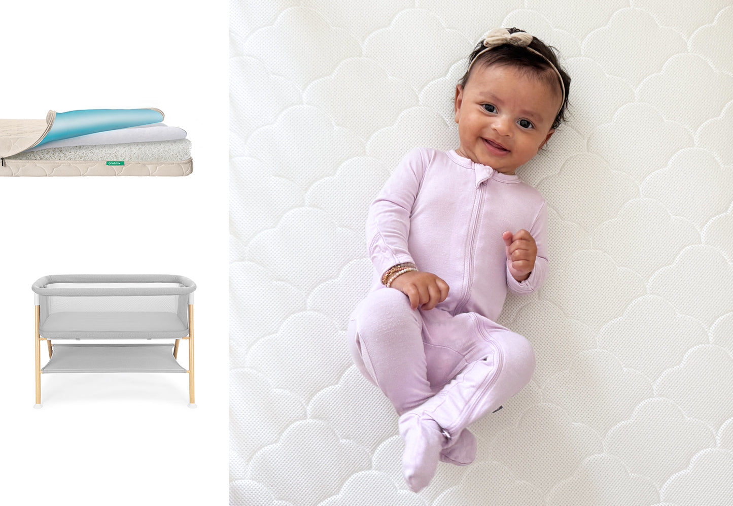 A smiling baby in a light purple onesie lies on a white, breathable Newton Baby Waterproof Mattress. Beside them is the Essential Bassinet + Waterproof Mattress in gray with wooden legs, shown with layered mattress details.