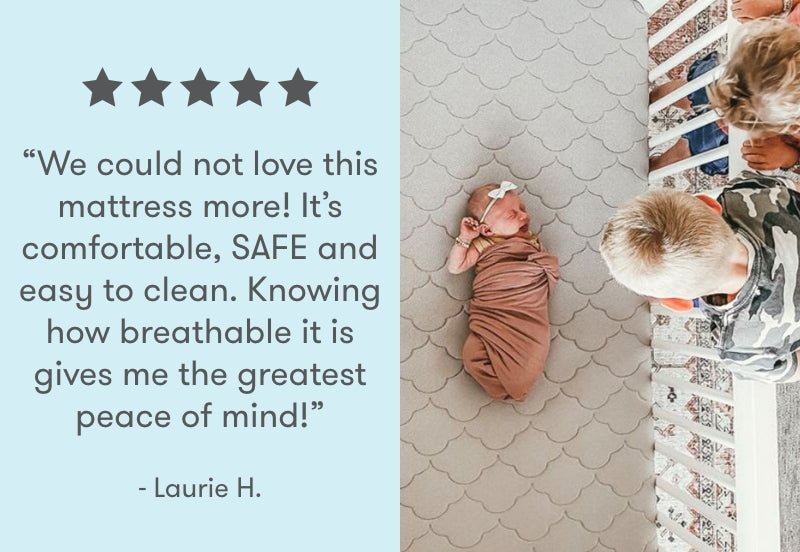 Testimonial from Laurie H. about a baby mattress, featuring a baby sleeping on the mattress and two children observing, with a rating of five stars and the quote: 'We could not love this mattress more! It's comfortable, SAFE and easy to clean. Knowing how breathable it is gives me the greatest peace of mind!'
