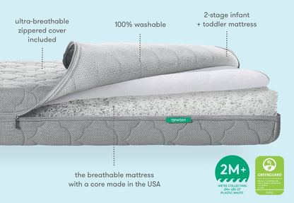 A cross-section view of a Newton baby mattress showing its ultra-breathable zippered cover and the text "ultra-breathable zippered cover included, 100% washable, 2-stage infant + toddler mattress, the breathable mattress with a core made in the USA" and logos indicating 2M+ logo with text we're collecting 2M+ lbs of plastic waste and Greenguard certification. 
500-1000-GRY-ST