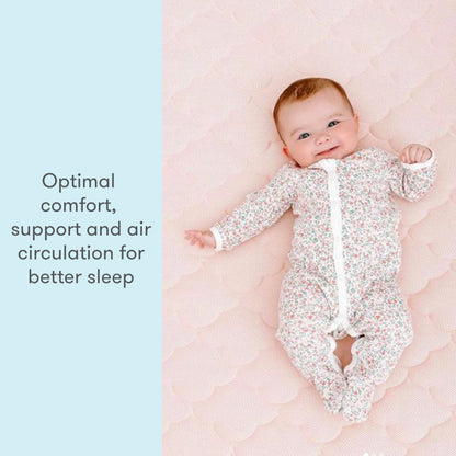 A cheerful baby laying on a pink, cloud-patterned mattress, smiling at the camera. with text "optimal comfort support and air circulation for better sleep"
