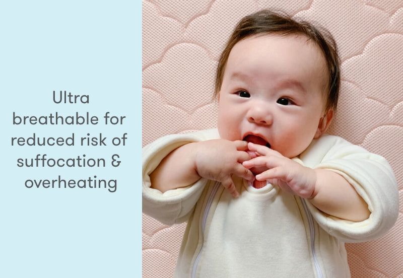 Happy baby lying on a pink breathable fabric with text stating 'Ultra breathable for reduced risk of suffocation & overheating.'