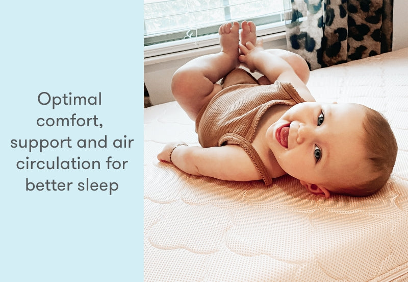 A joyful baby lying on a breathable mattress displaying the text "Optimal comfort, support and air circulation for better sleep."