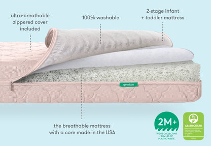Newton mattress with cover partially removed showing patented wovenaire core, Chart displaying key features of the mattress, 2M+ pounds of plastic removed from the ocean, greenguard gold certified, 100% washable, ultra-breathable zippered cover included, 2 stage infant + toddler mattress, the breathable mattress with a core made in the usa
500-1000-PNK-ST