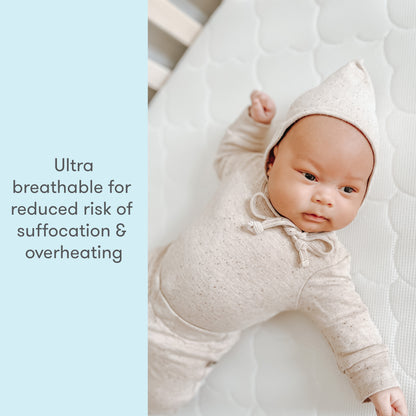 Image of a baby wearing a cute outfit, lying on a mattress, with text stating "Ultra breathable for reduced risk of suffocation & overheating."