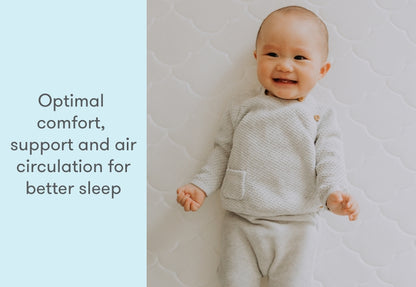 A smiling baby lying on a light-patterned background, wearing a textured light gray outfit, with the text "Optimal comfort, support, and air circulation for better sleep" on the left side.