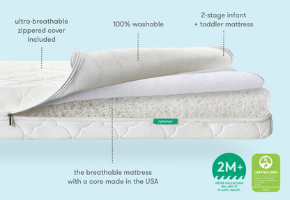 Newton's 2-stage infant and toddler mattress featuring an ultra-breathable zippered cover that's 100% washable and a core made in the USA, set against a soft blue background with text labels such as ultra-breathable zippered cover included, 100% washable, and 2M+ logo with text we're collecting 2M+ lbs of plastic waste, with Greenguard Gold certification logo." 
500-1000-WHT-ST