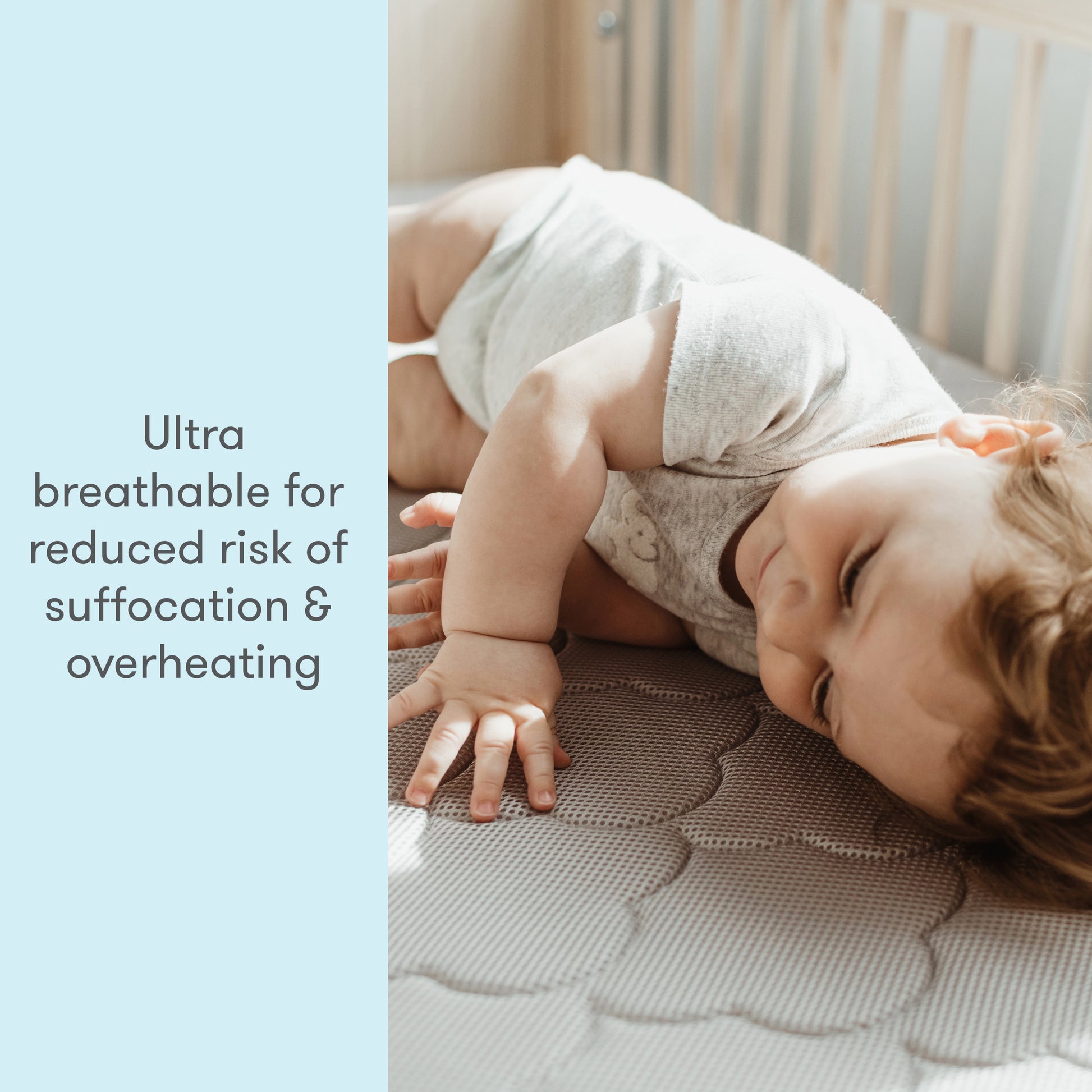 A baby lying on their stomach on a breathable crib mattress, with text stating "Ultra breathable for reduced risk of suffocation & overheating."
