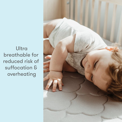 A baby lying on their stomach on a breathable crib mattress, with text stating "Ultra breathable for reduced risk of suffocation & overheating."