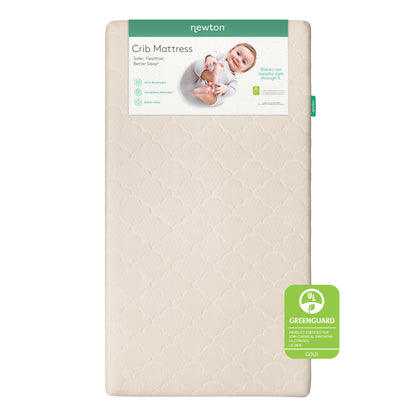 The Newton Baby Crib Mattress is rectangular and ultra-breathable, with a soft, quilted washable cover. Its label shows a smiling baby and product benefits. A UL GREENGUARD Gold certification badge appears at the bottom right.