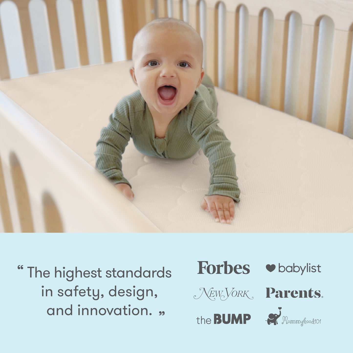 A baby in a green outfit smiles while lying on their stomach in a wooden crib with the ultra-breathable, washable Newton Baby Crib Mattress. Below, a blue section displays safety quotes and parenting/media outlet logos.