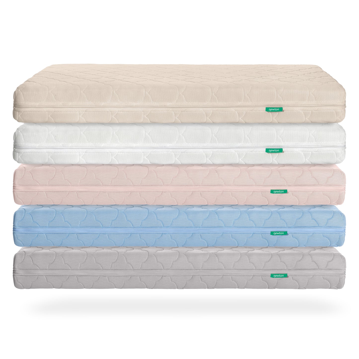 A stack of five Newton Baby Crib Mattresses in beige, white, pink, blue, and gray is shown against a white background. Each mattress features ultra-breathable material, a subtle textured pattern, and a small green tag on the side.