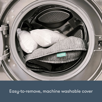 Newton pet bed cover inside washing machine, with text, "easy to remove, machine washable cover."