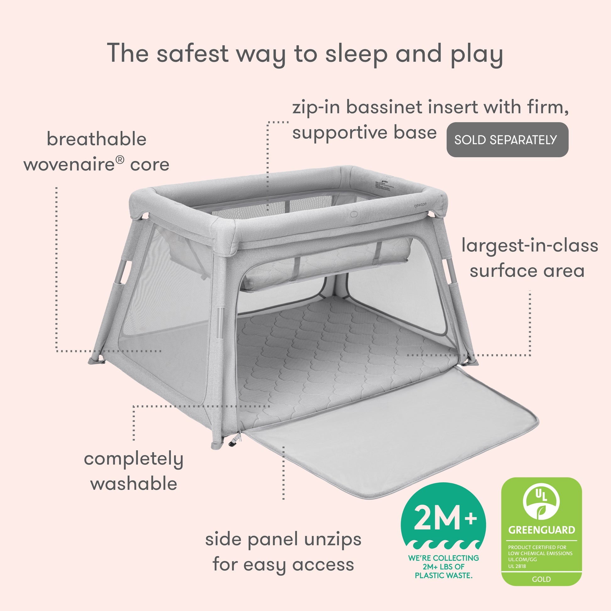 diagram of newton travel crib and play yard with text, "the safest way to sleep and play, breathable wovenaire core, sip-in bassinet insert with firm, supportive base (sold separately), largest in class surface area, completely washable, side panel unzips for easy access, we're collecting 2M+ LBS of plastic waste, greenguard gold certified.