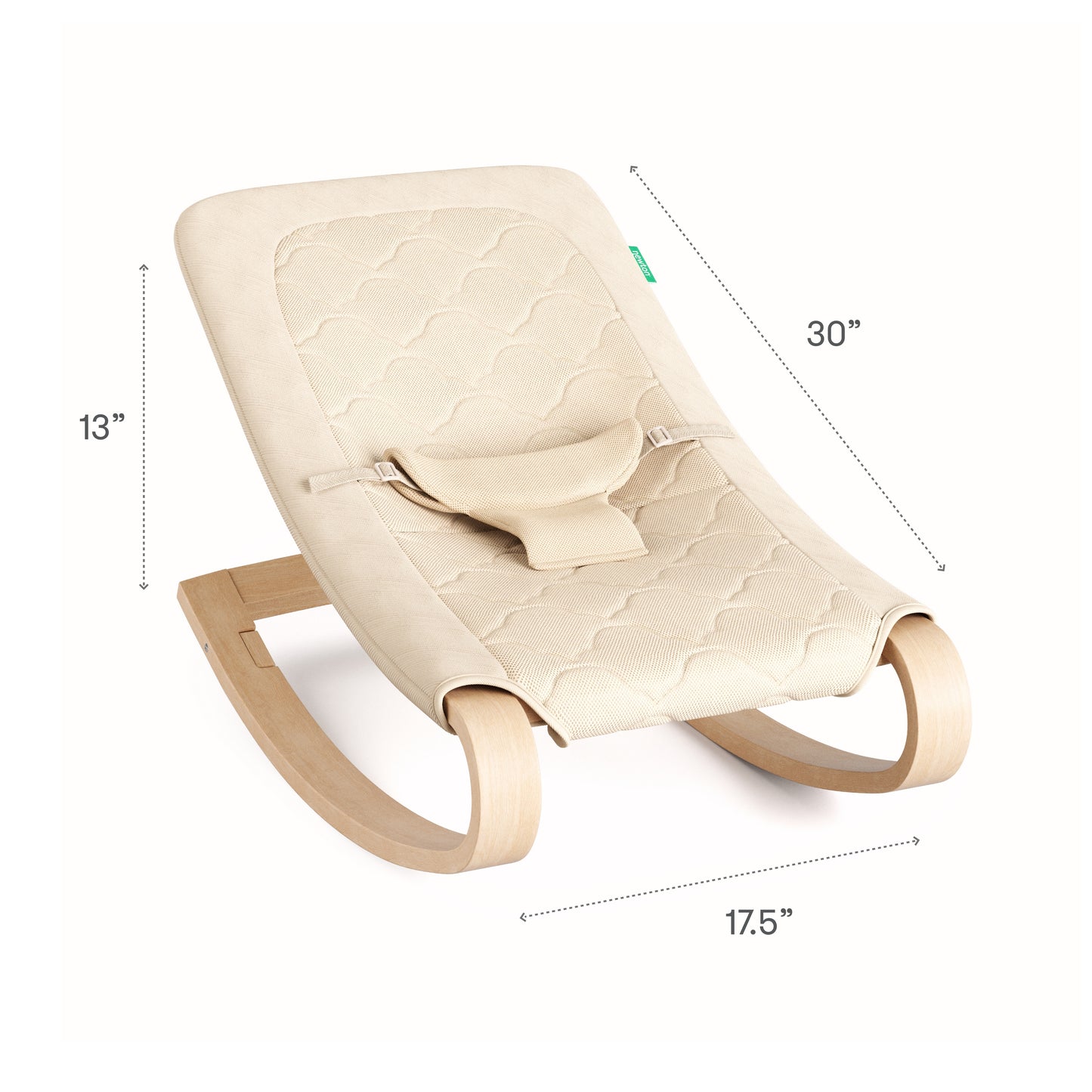 The Newton Baby Rocker is beige and quilted with wooden curved legs, measuring 30" L x 17.5" W x 13" H. It features a breathable seat cover and a small harness to secure your baby.