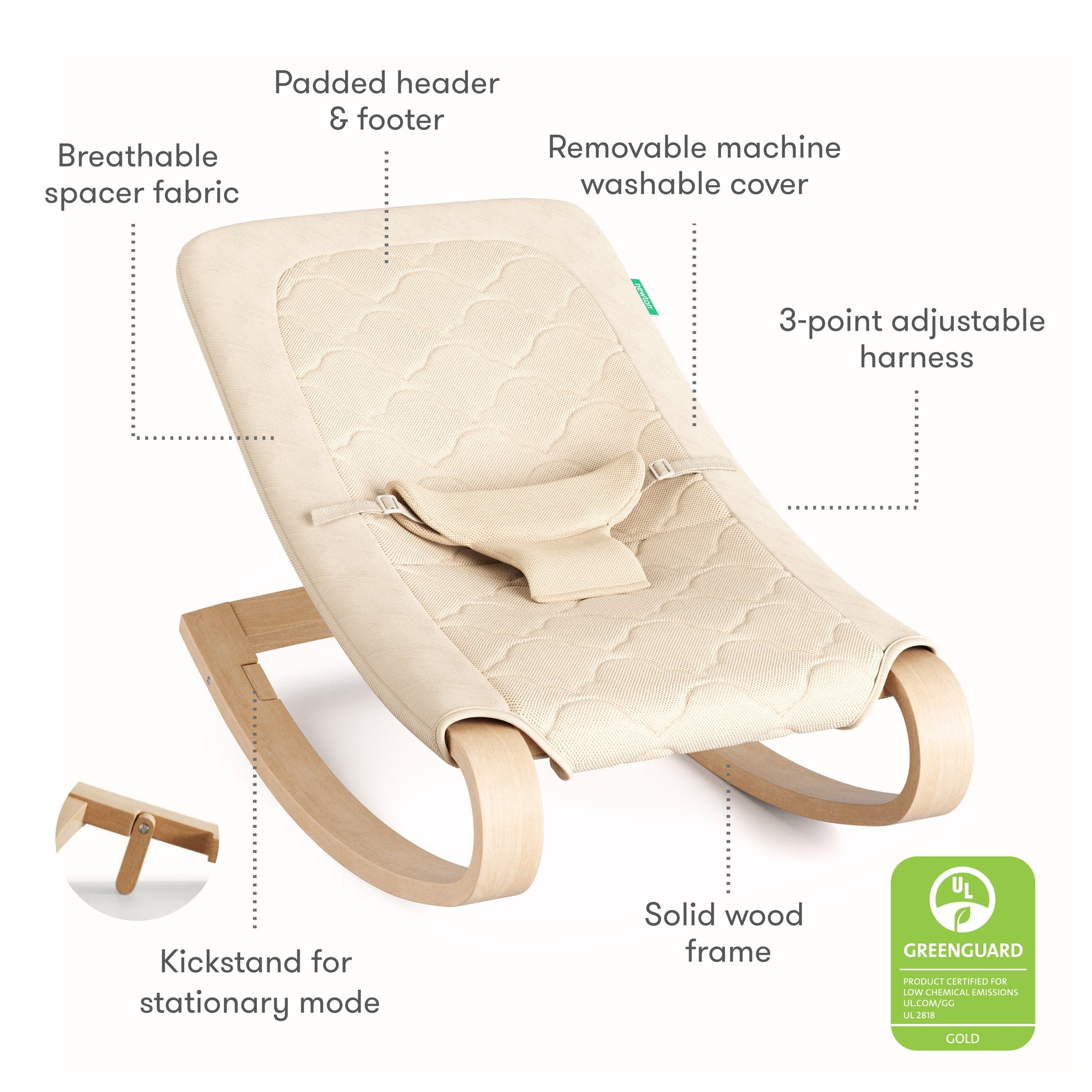 The Newton Baby Rocker features a breathable beige seat, padded head and foot areas, removable washable cover, 3-point adjustable harness, solid wood frame, kickstand for stationary mode, and is Greenguard Gold certified.